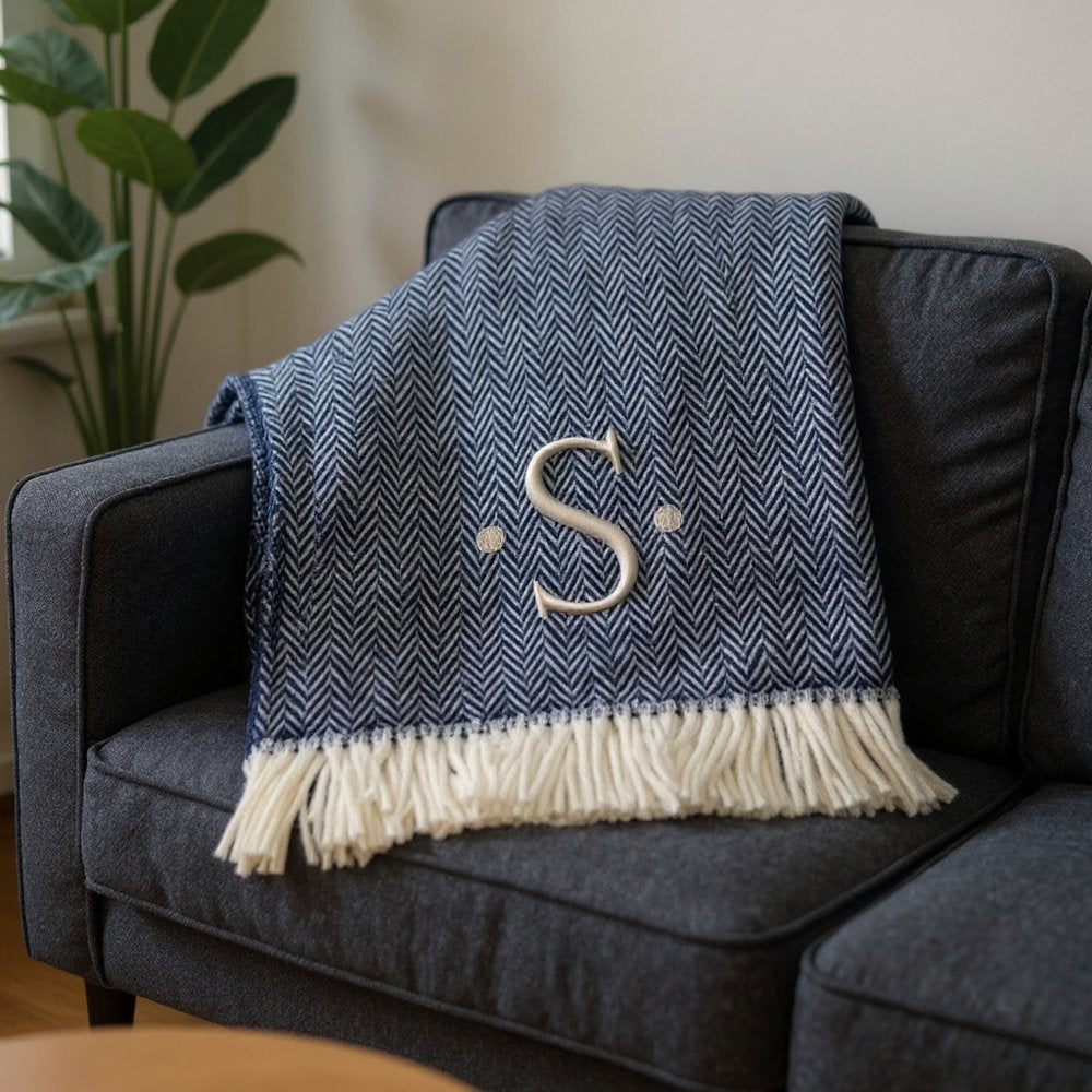 55" X 70" Navy Blue And White Herringbone Cotton Blend S Initial Throw Blanket with Tassels And Embroidery