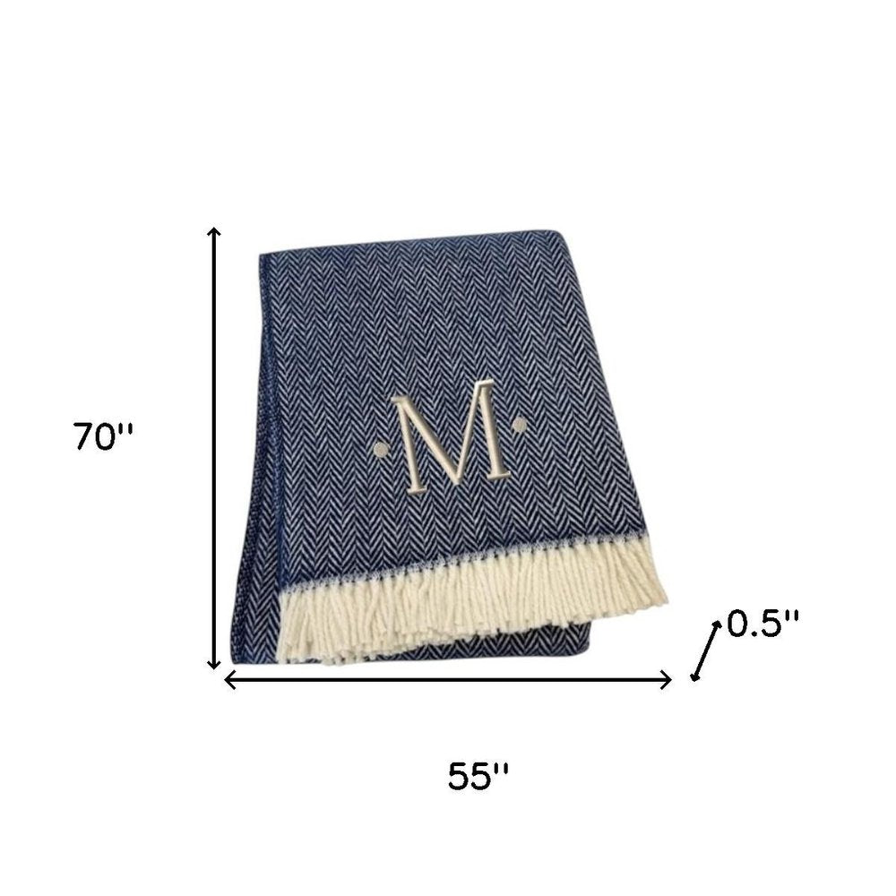 55" X 70" Navy Blue And White Herringbone Cotton Blend S Initial Throw Blanket with Tassels And Embroidery