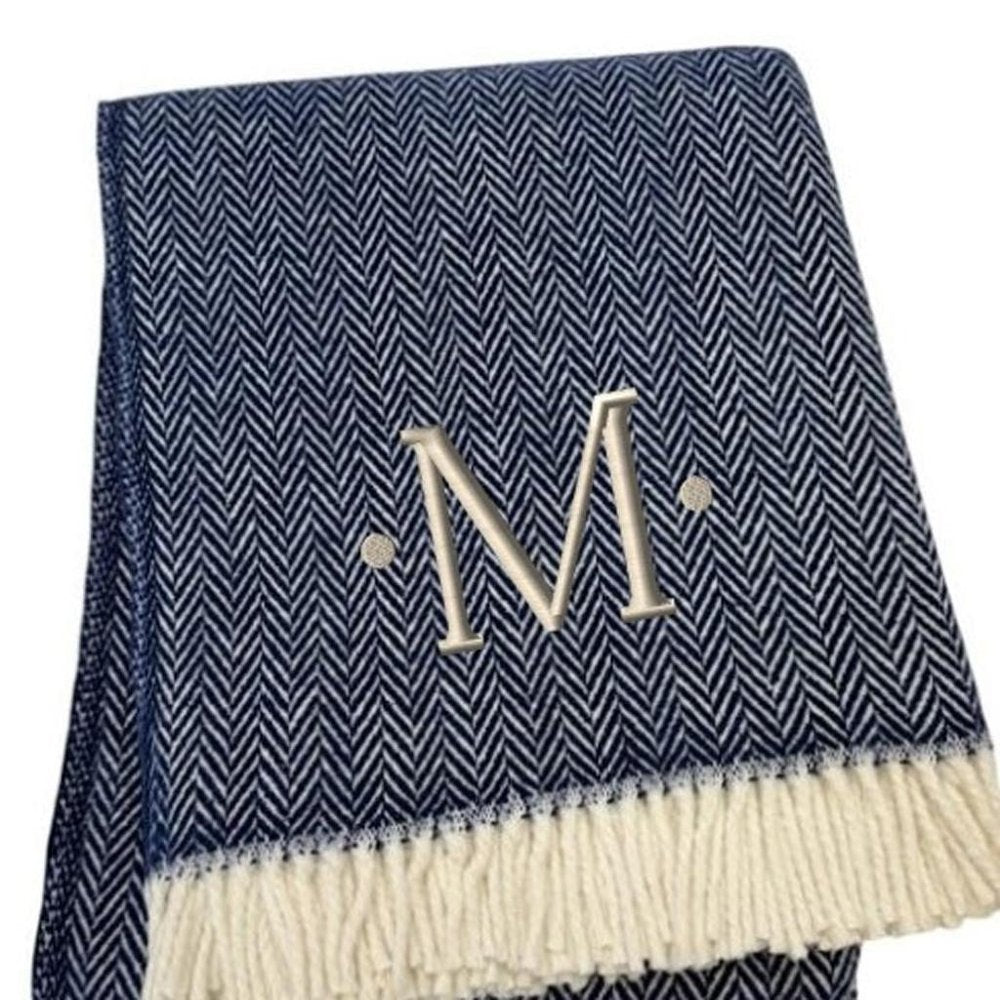 55" X 70" Navy Blue And White Herringbone Cotton Blend S Initial Throw Blanket with Tassels And Embroidery