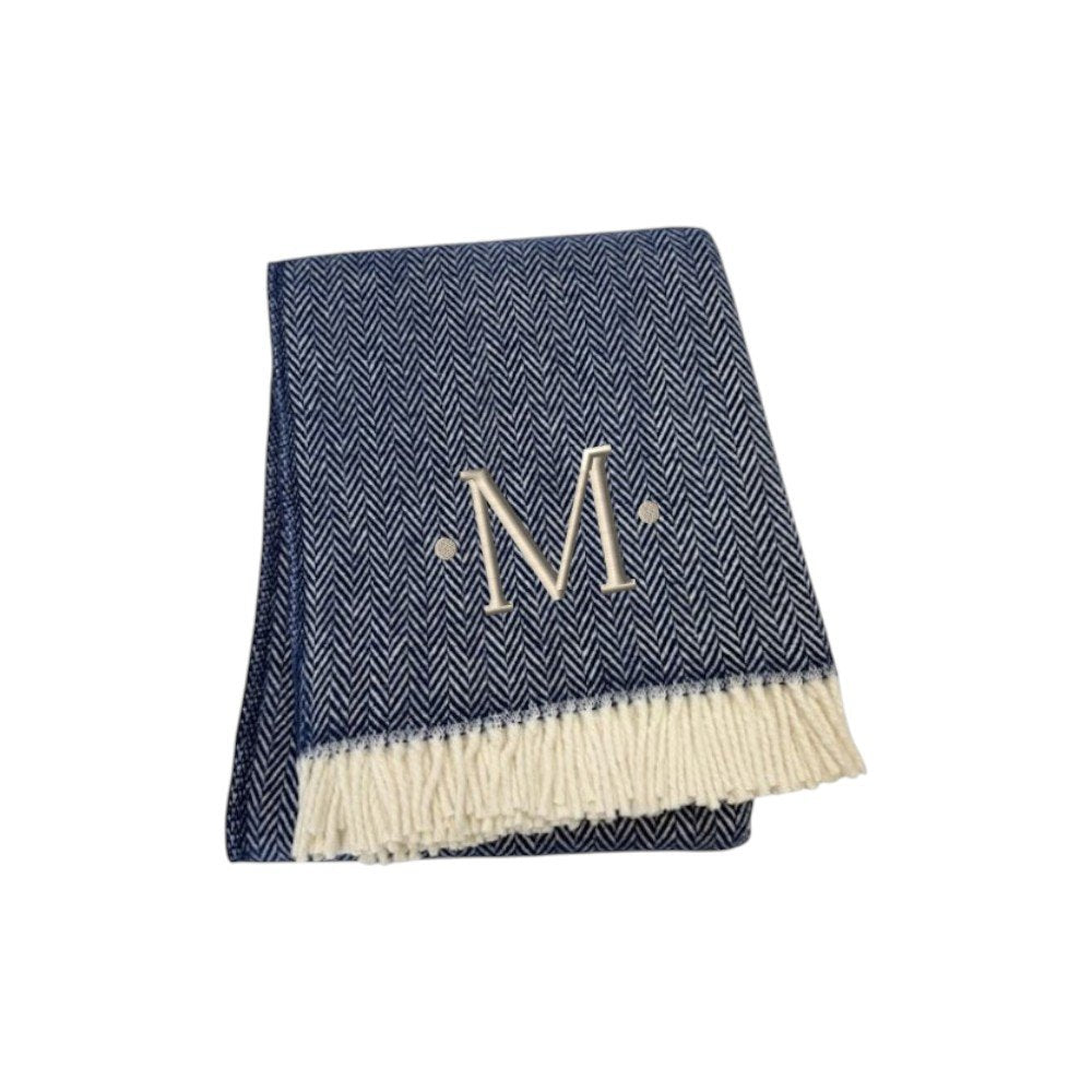55" X 70" Navy Blue And White Herringbone Cotton Blend S Initial Throw Blanket with Tassels And Embroidery