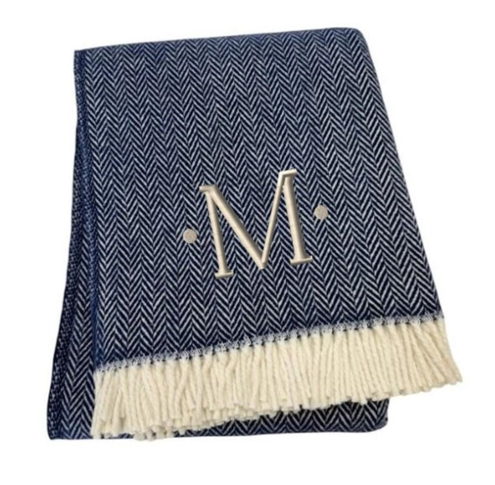55" X 70" Navy Blue And White Herringbone Cotton Blend S Initial Throw Blanket with Tassels And Embroidery