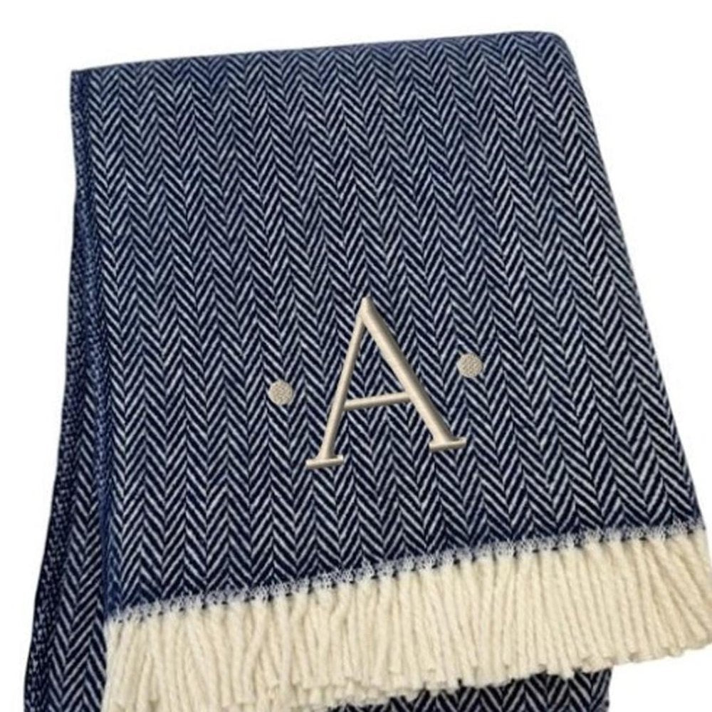 55" X 70" Navy Blue And White Herringbone Cotton Blend S Initial Throw Blanket with Tassels And Embroidery