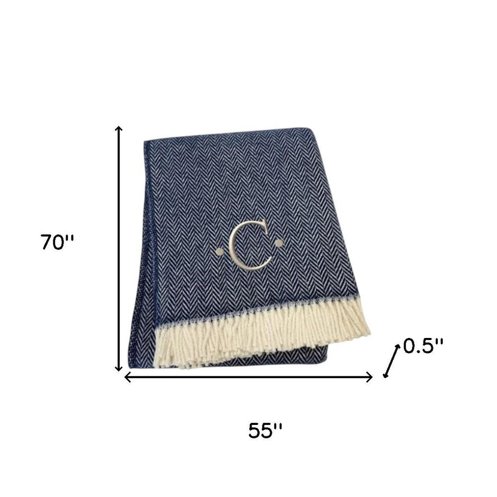 55" X 70" Navy Blue And White Herringbone Cotton Blend S Initial Throw Blanket with Tassels And Embroidery
