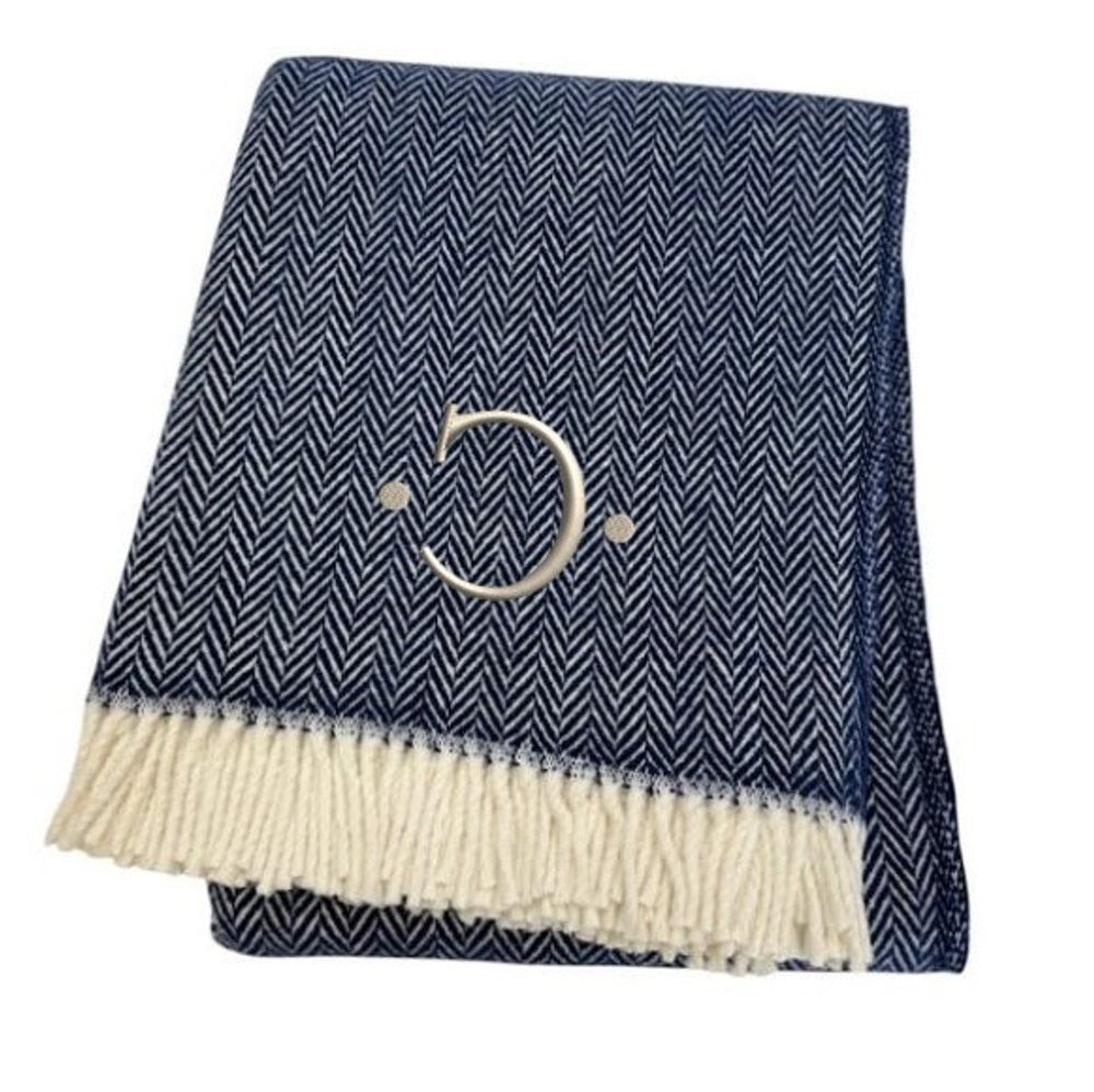 55" X 70" Navy Blue And White Herringbone Cotton Blend S Initial Throw Blanket with Tassels And Embroidery