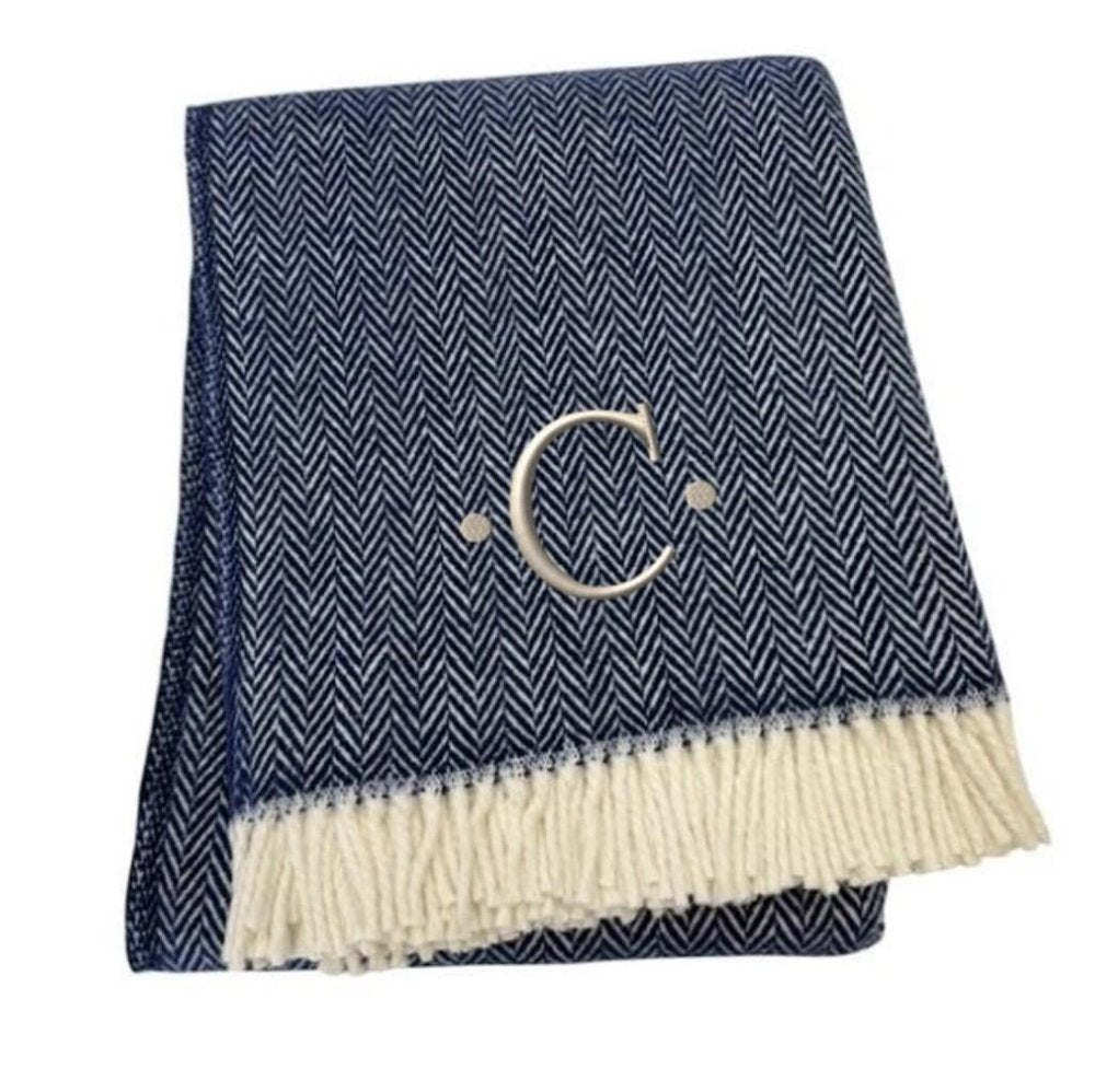 55" X 70" Navy Blue And White Herringbone Cotton Blend S Initial Throw Blanket with Tassels And Embroidery