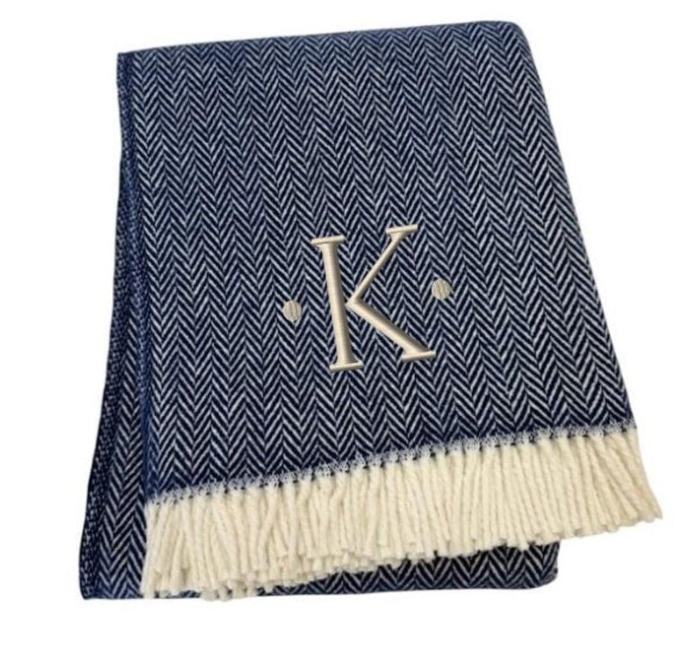 55" X 70" Navy Blue And White Herringbone Cotton Blend S Initial Throw Blanket with Tassels And Embroidery