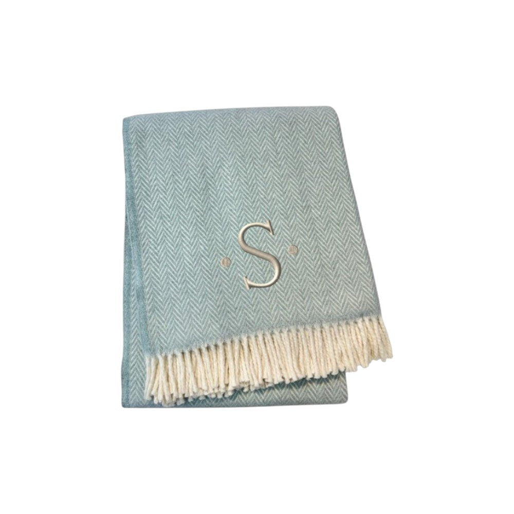 55" X 70" Sky Blue And White Herringbone Cotton Blend S Initial Throw Blanket with Tassels And Embroidery