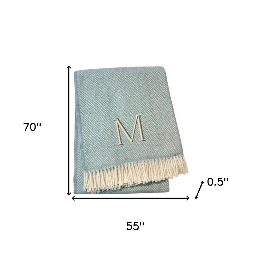 55" X 70" Sky Blue And White Herringbone Cotton Blend S Initial Throw Blanket with Tassels And Embroidery