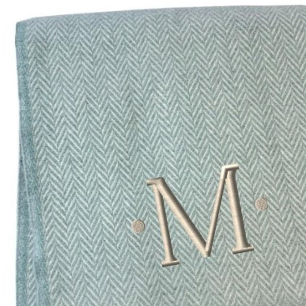 55" X 70" Sky Blue And White Herringbone Cotton Blend S Initial Throw Blanket with Tassels And Embroidery