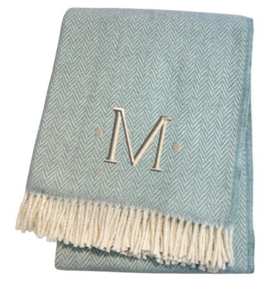 55" X 70" Sky Blue And White Herringbone Cotton Blend S Initial Throw Blanket with Tassels And Embroidery