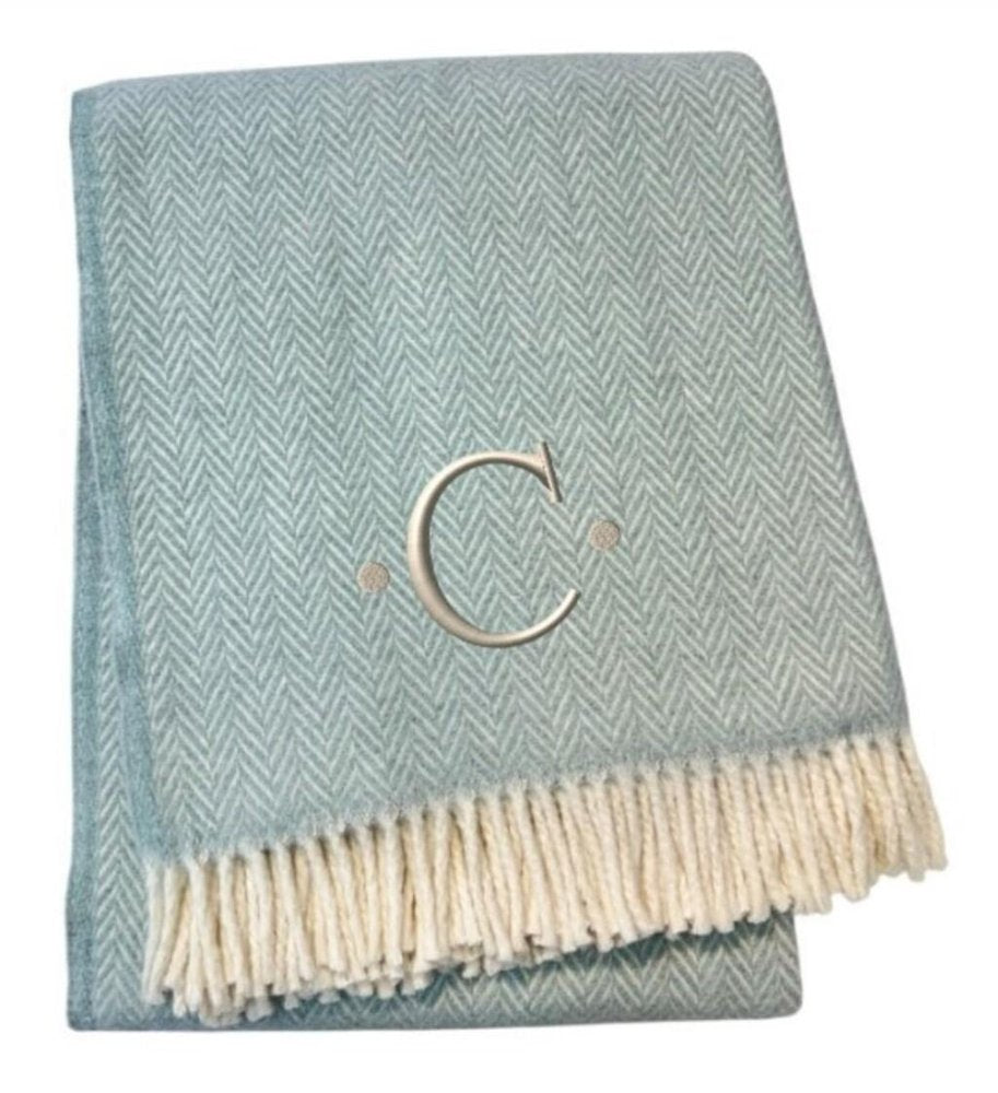 55" X 70" Sky Blue And White Herringbone Cotton Blend S Initial Throw Blanket with Tassels And Embroidery