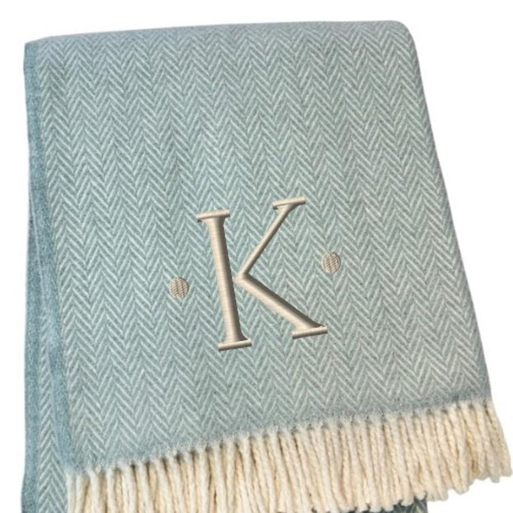 55" X 70" Sky Blue And White Herringbone Cotton Blend S Initial Throw Blanket with Tassels And Embroidery