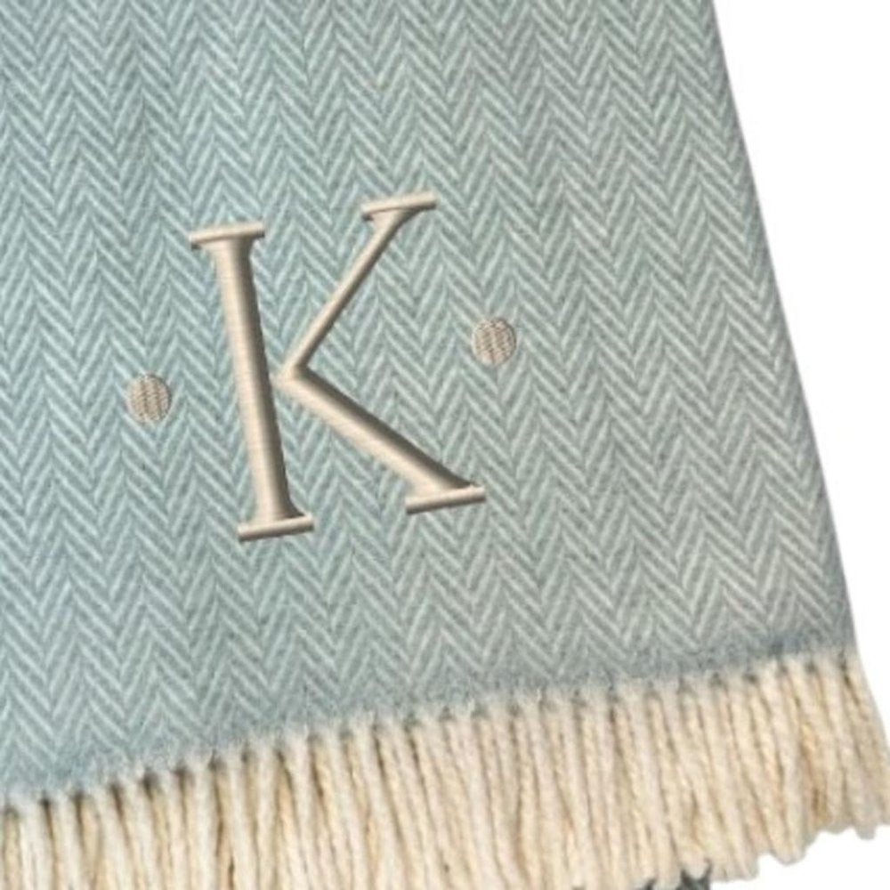 55" X 70" Sky Blue And White Herringbone Cotton Blend S Initial Throw Blanket with Tassels And Embroidery