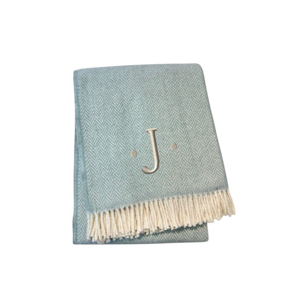 55" X 70" Sky Blue And White Herringbone Cotton Blend S Initial Throw Blanket with Tassels And Embroidery