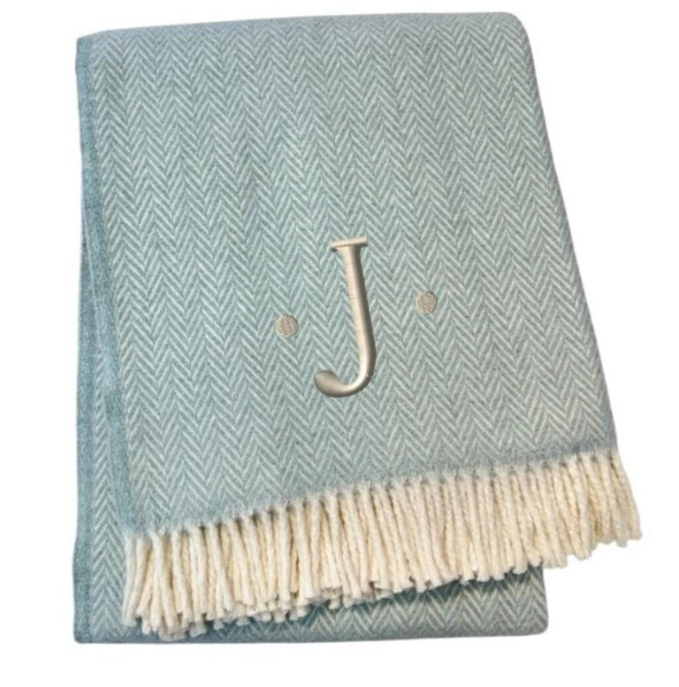55" X 70" Sky Blue And White Herringbone Cotton Blend S Initial Throw Blanket with Tassels And Embroidery