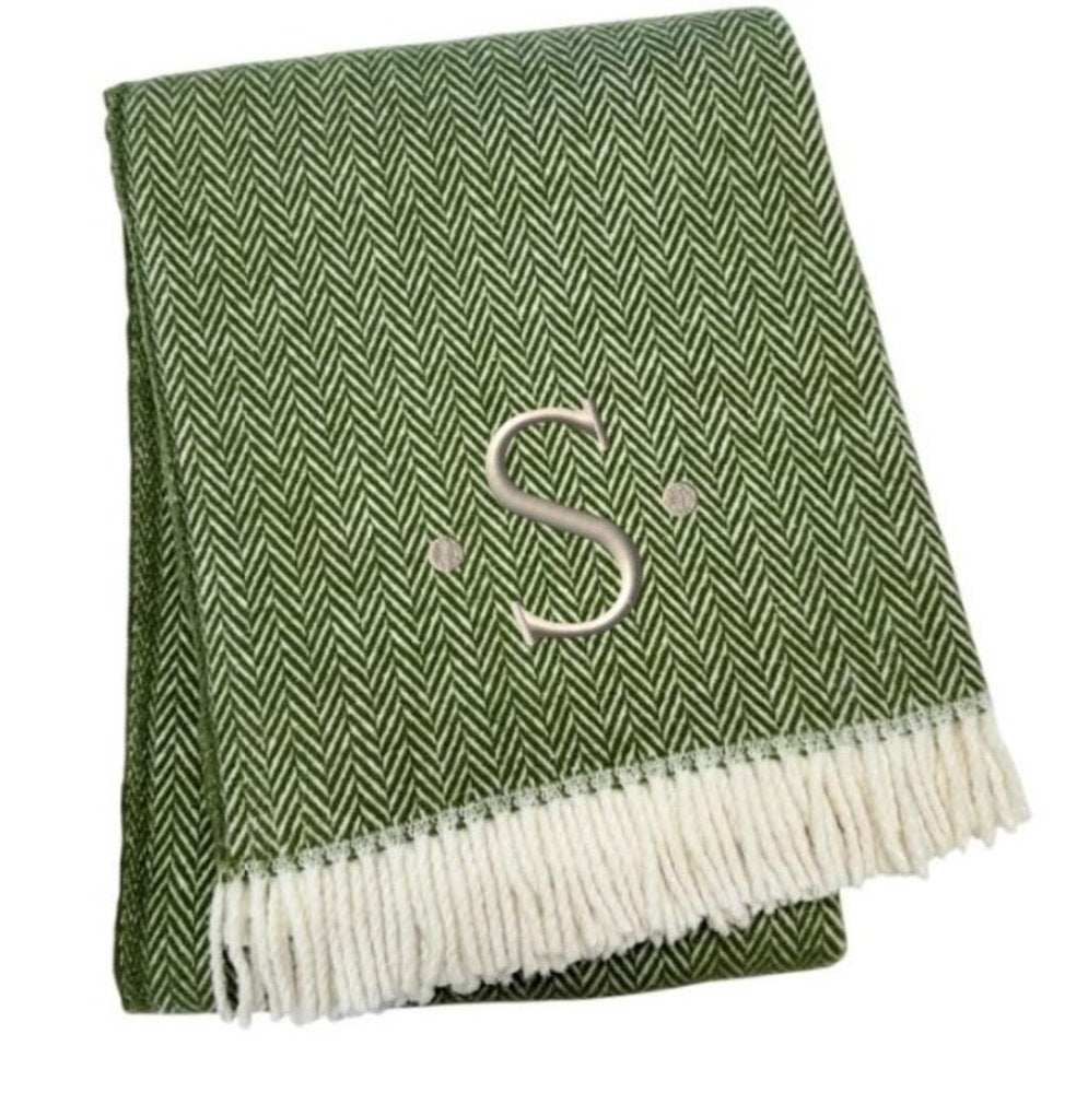 55" X 70" Moss Green And White Herringbone Cotton Blend S Initial Throw Blanket with Tassels And Embroidery