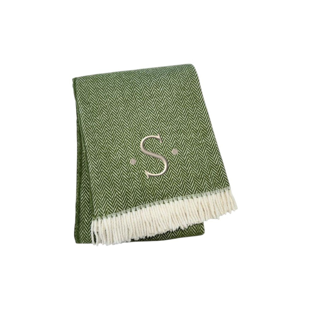 55" X 70" Moss Green And White Herringbone Cotton Blend S Initial Throw Blanket with Tassels And Embroidery