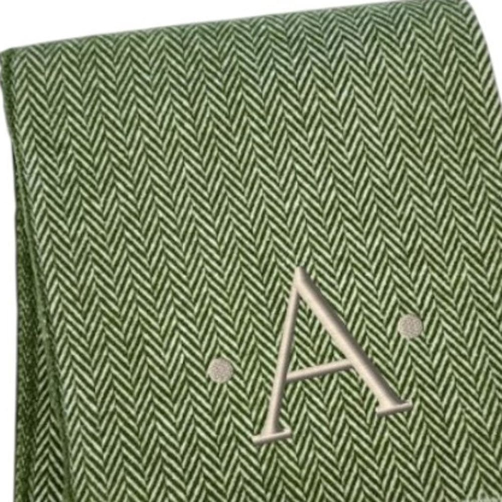 55" X 70" Moss Green And White Herringbone Cotton Blend S Initial Throw Blanket with Tassels And Embroidery