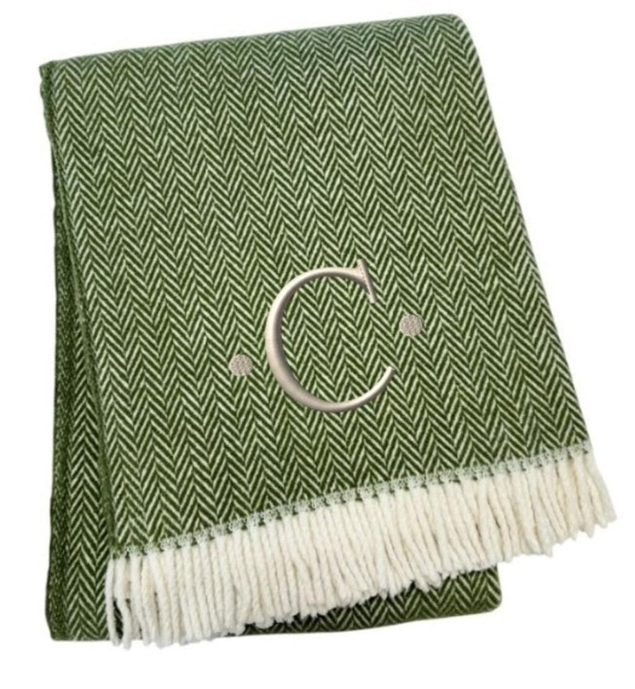 55" X 70" Moss Green And White Herringbone Cotton Blend S Initial Throw Blanket with Tassels And Embroidery