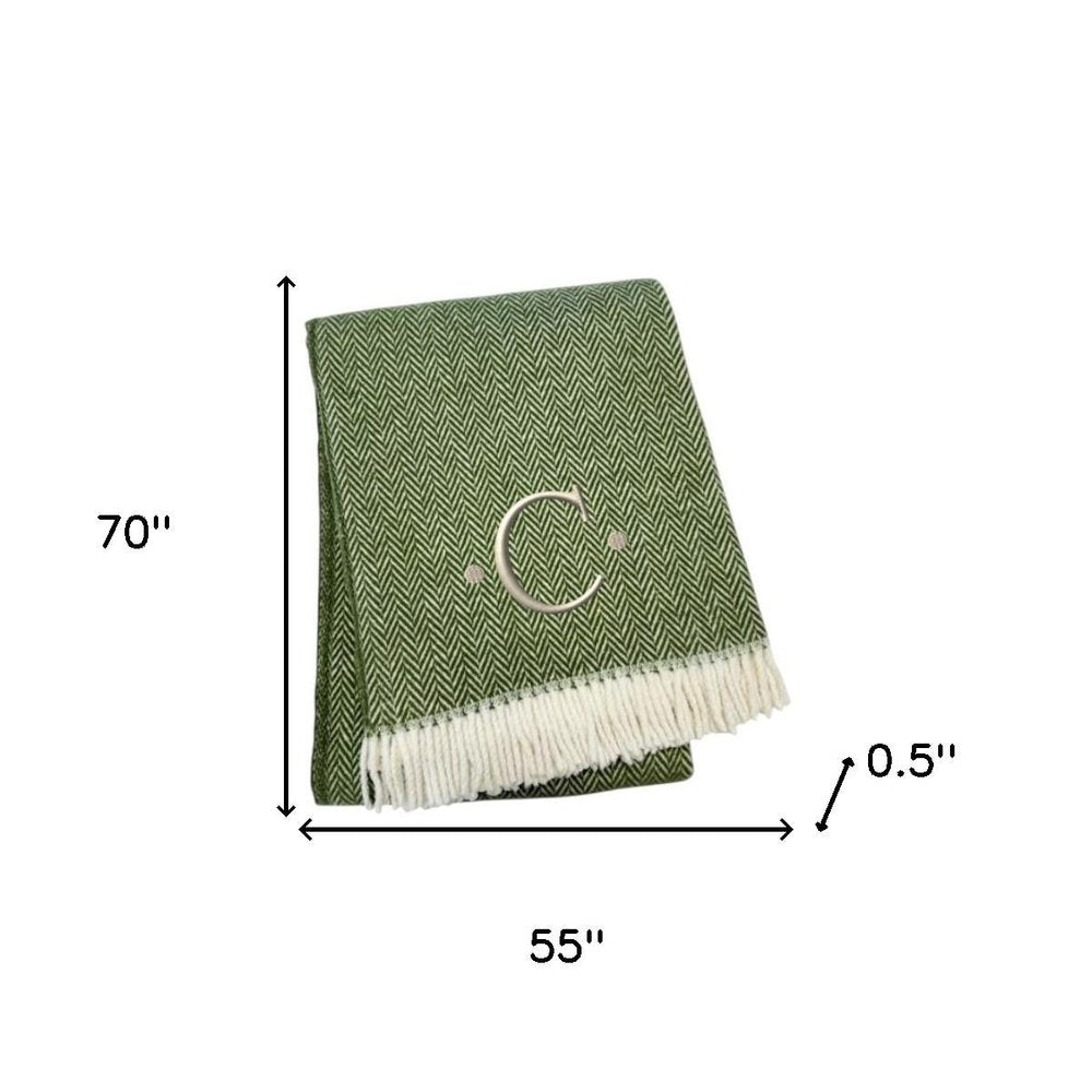 55" X 70" Moss Green And White Herringbone Cotton Blend S Initial Throw Blanket with Tassels And Embroidery