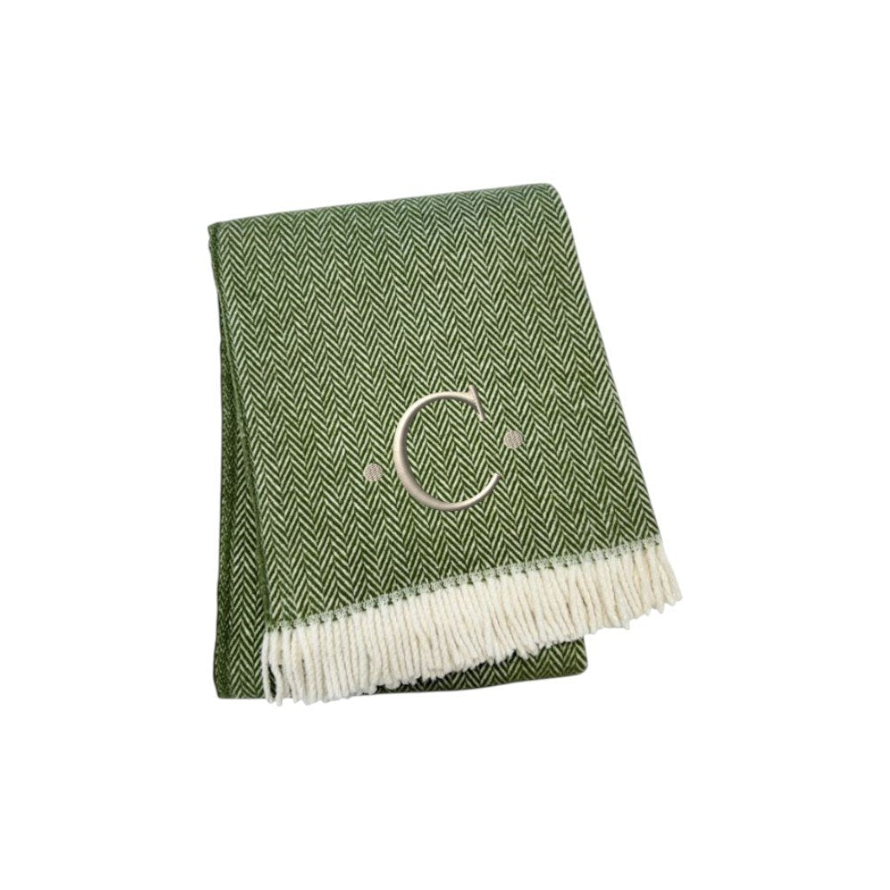 55" X 70" Moss Green And White Herringbone Cotton Blend S Initial Throw Blanket with Tassels And Embroidery