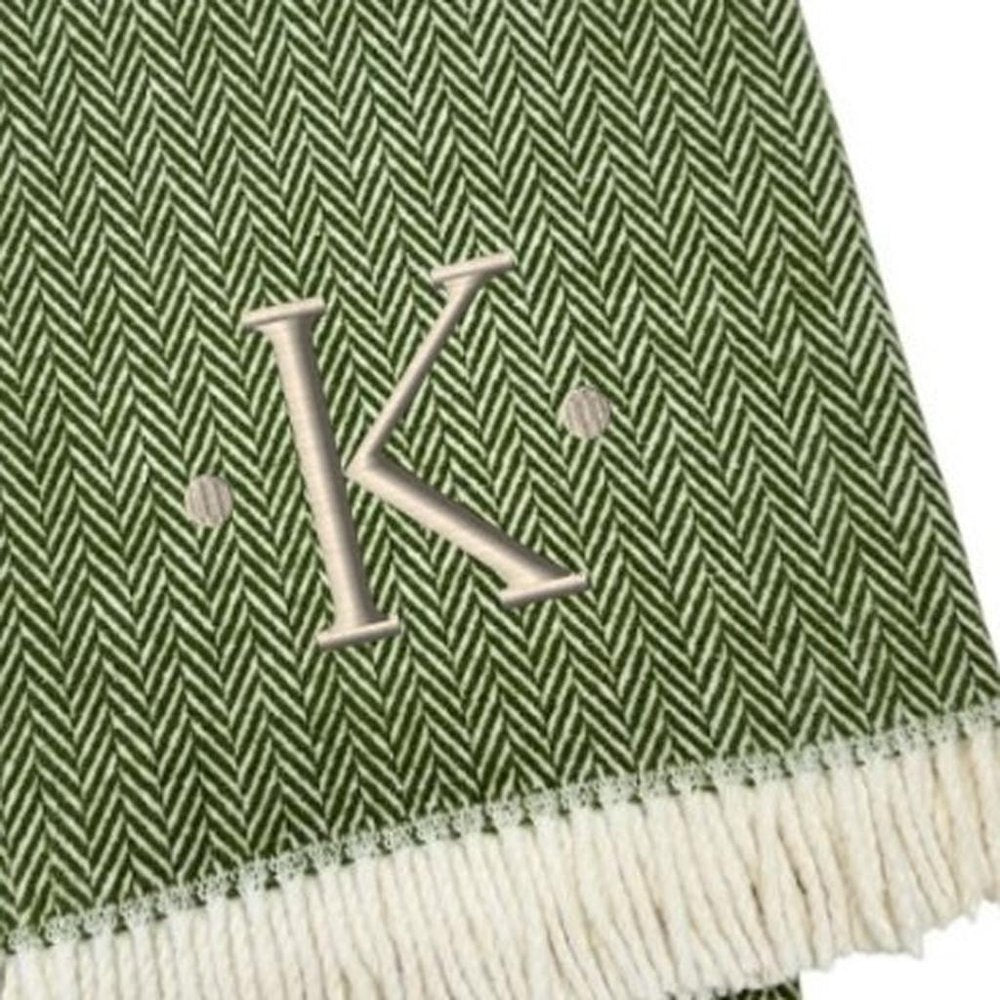 55" X 70" Moss Green And White Herringbone Cotton Blend S Initial Throw Blanket with Tassels And Embroidery