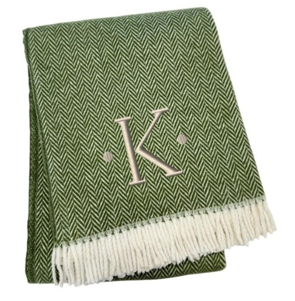 55" X 70" Moss Green And White Herringbone Cotton Blend S Initial Throw Blanket with Tassels And Embroidery