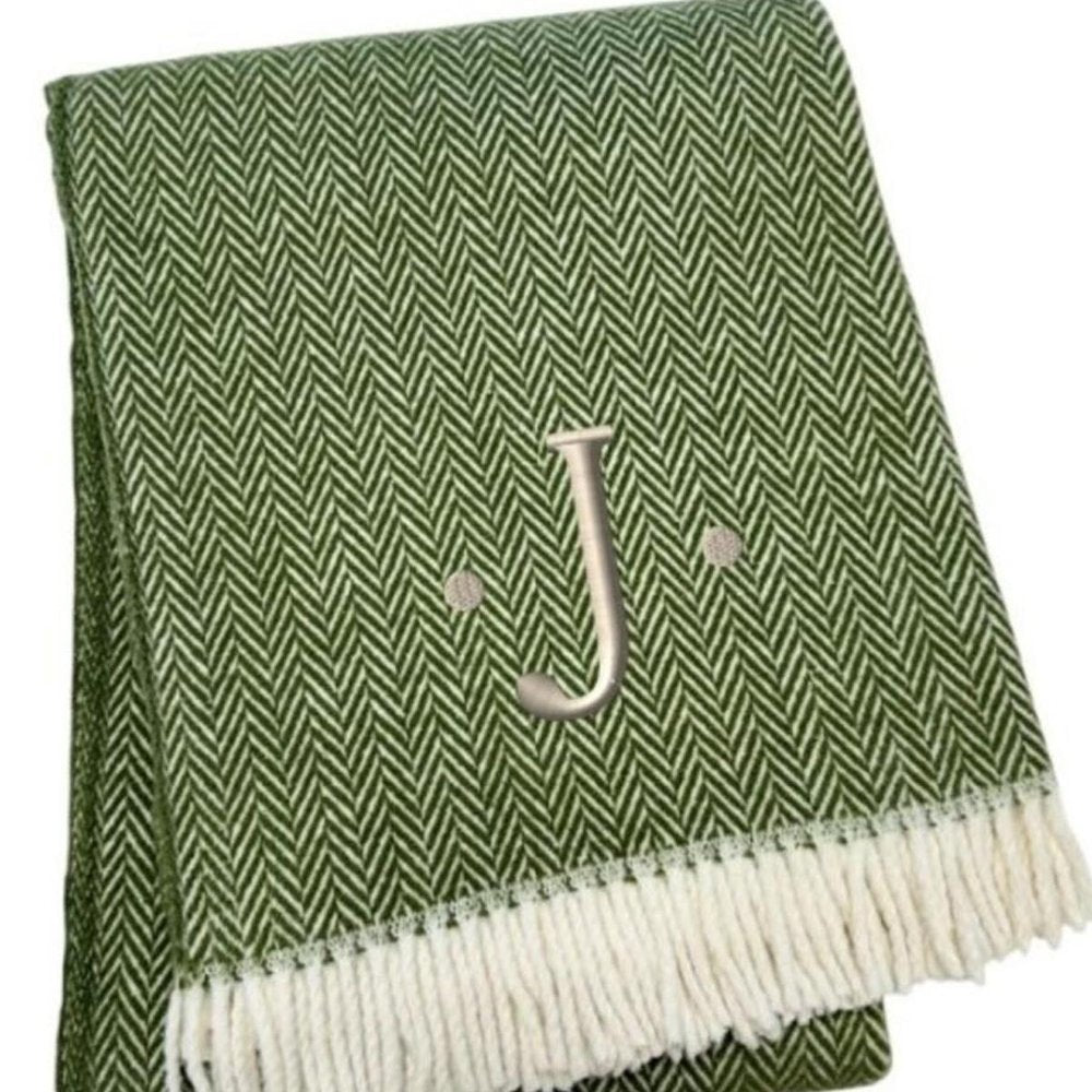 55" X 70" Moss Green And White Herringbone Cotton Blend S Initial Throw Blanket with Tassels And Embroidery