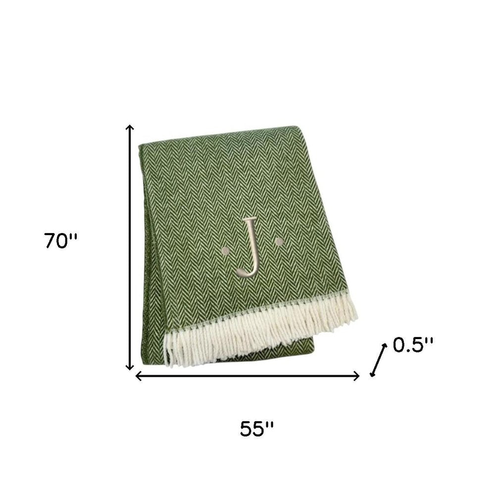 55" X 70" Moss Green And White Herringbone Cotton Blend S Initial Throw Blanket with Tassels And Embroidery