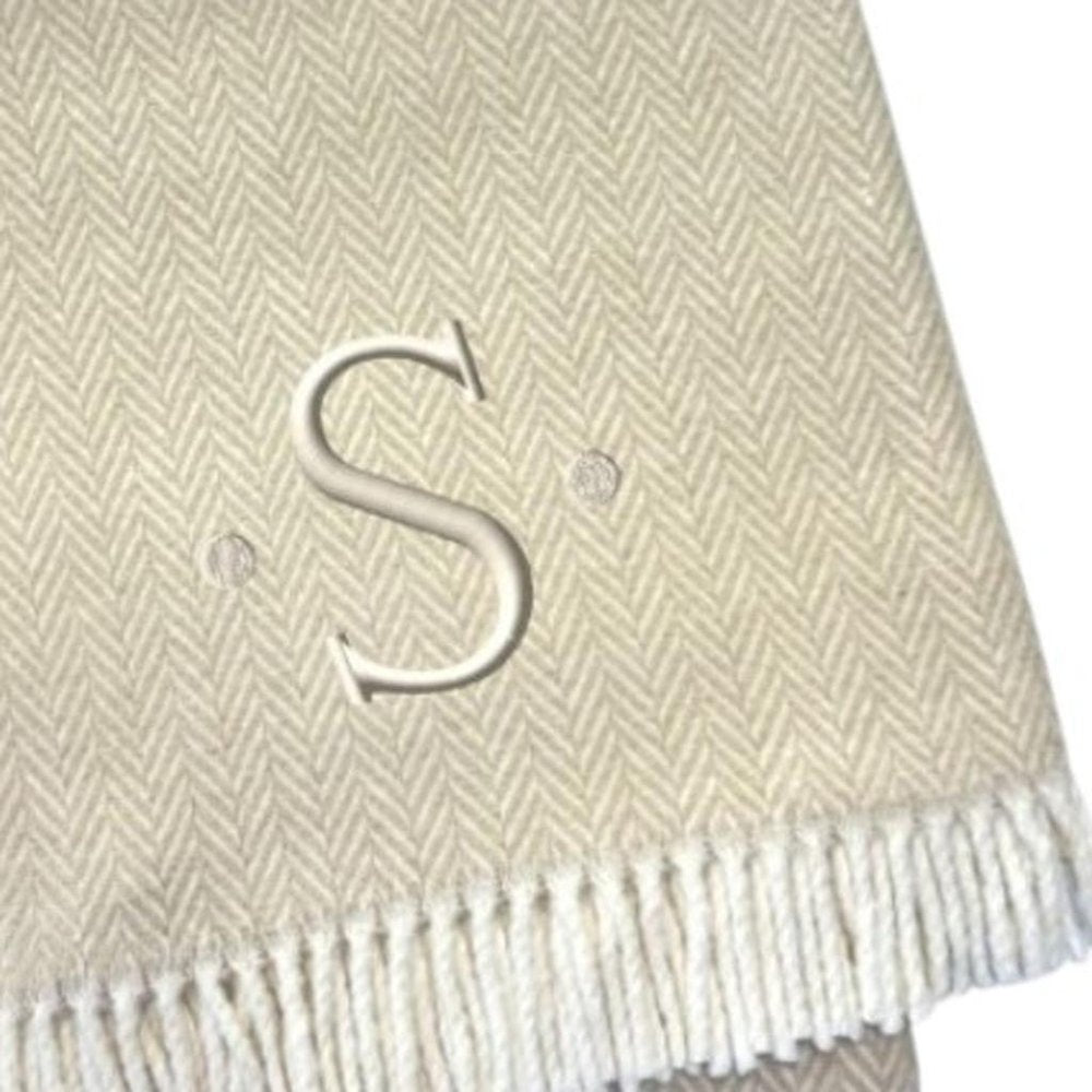 55" X 70" Linen And White Herringbone Cotton Blend S Initial Throw Blanket with Tassels And Embroidery