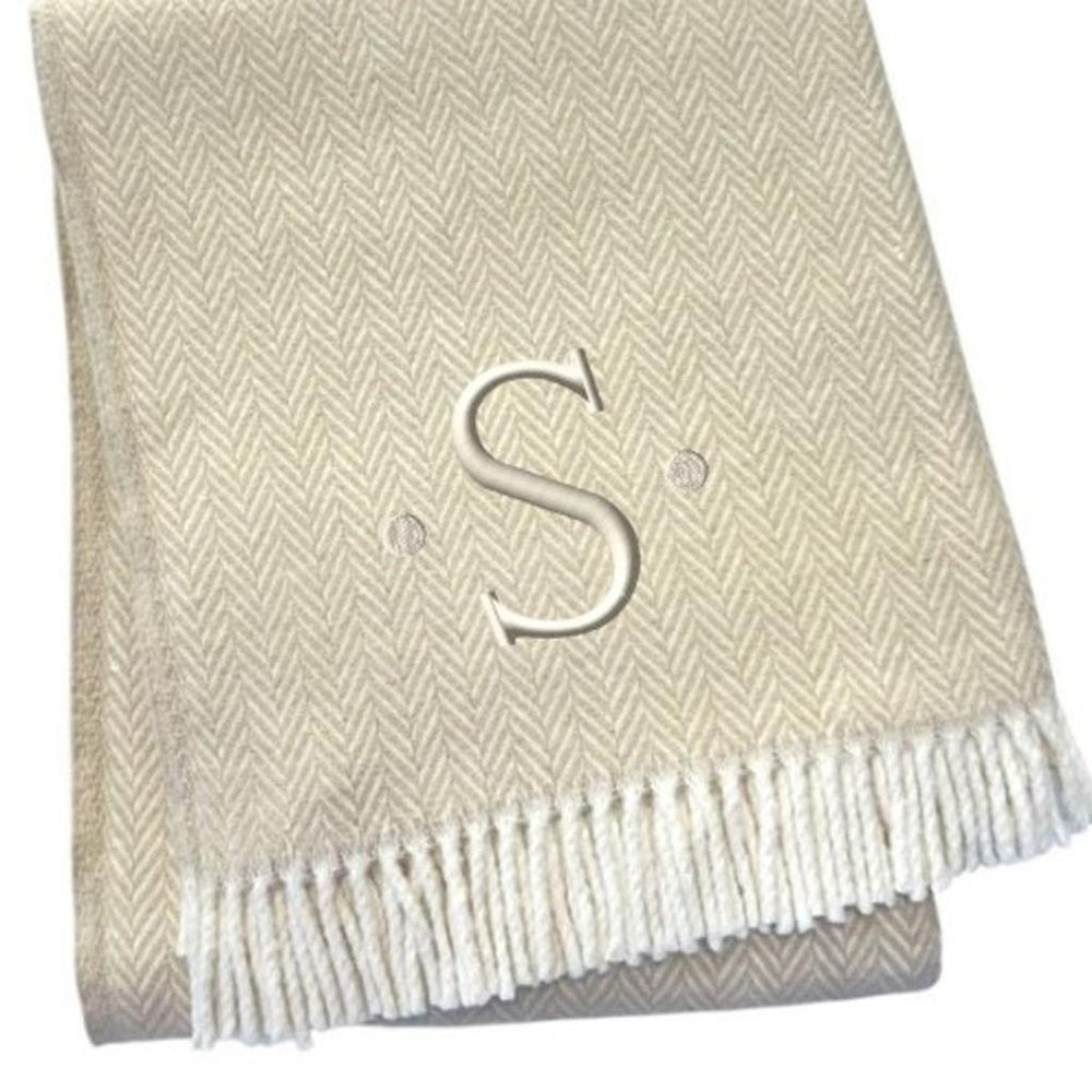 55" X 70" Linen And White Herringbone Cotton Blend S Initial Throw Blanket with Tassels And Embroidery