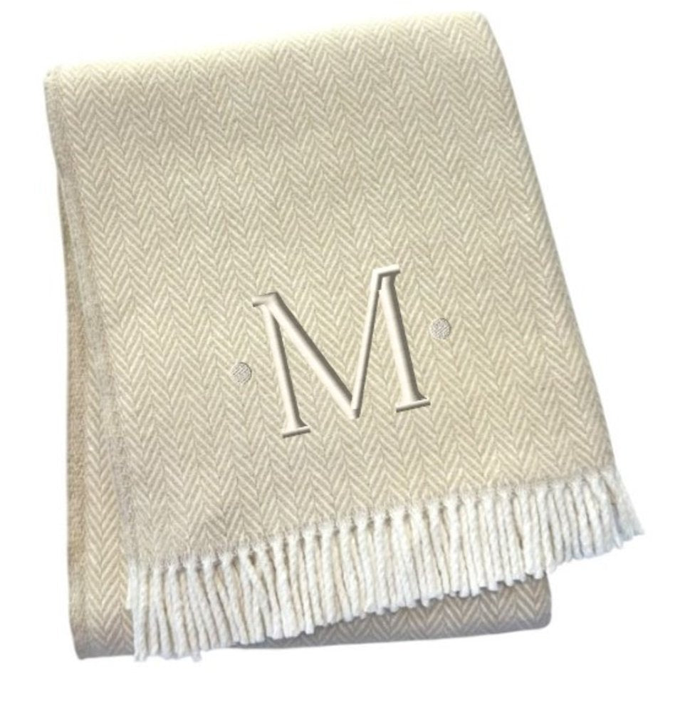 55" X 70" Linen And White Herringbone Cotton Blend S Initial Throw Blanket with Tassels And Embroidery