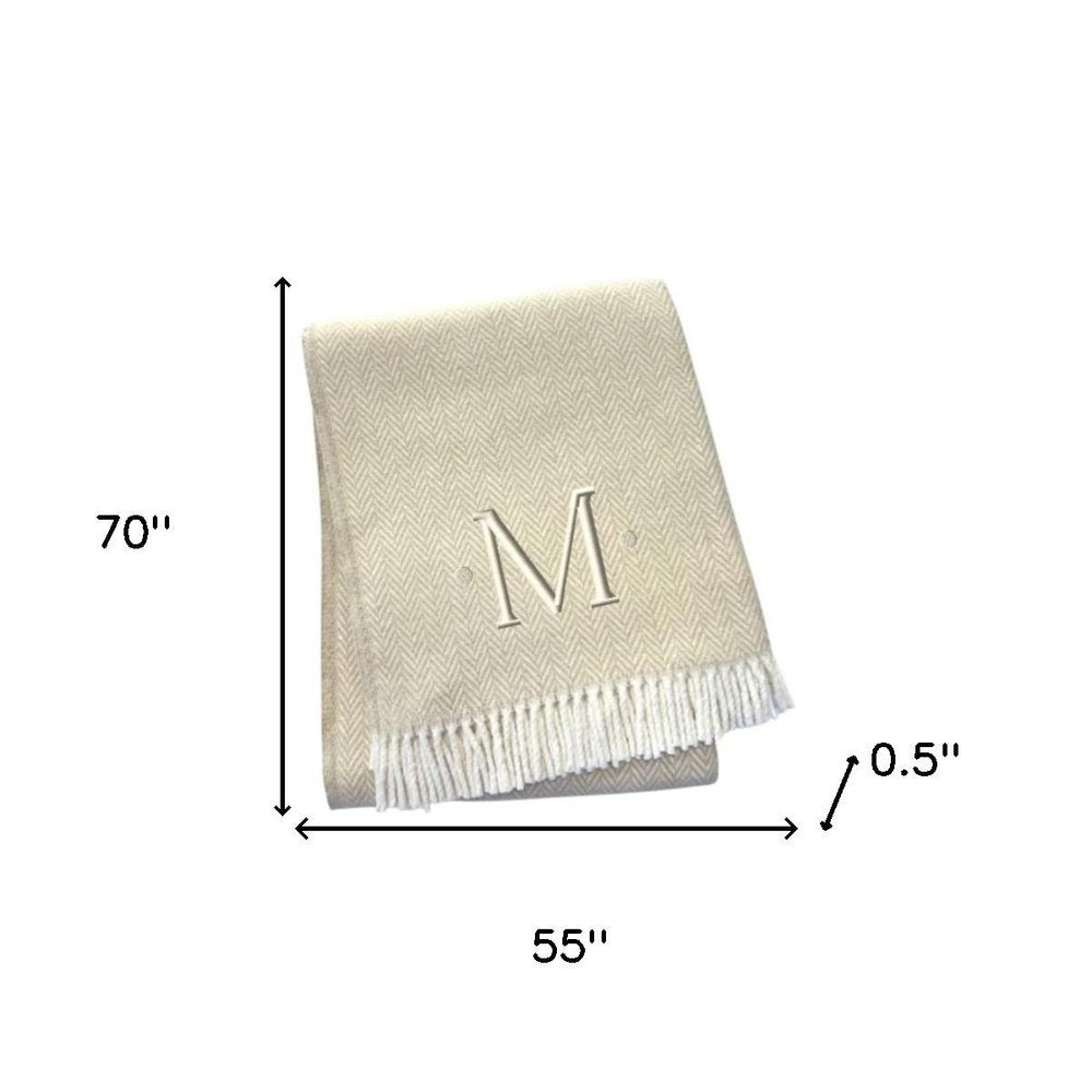 55" X 70" Linen And White Herringbone Cotton Blend S Initial Throw Blanket with Tassels And Embroidery
