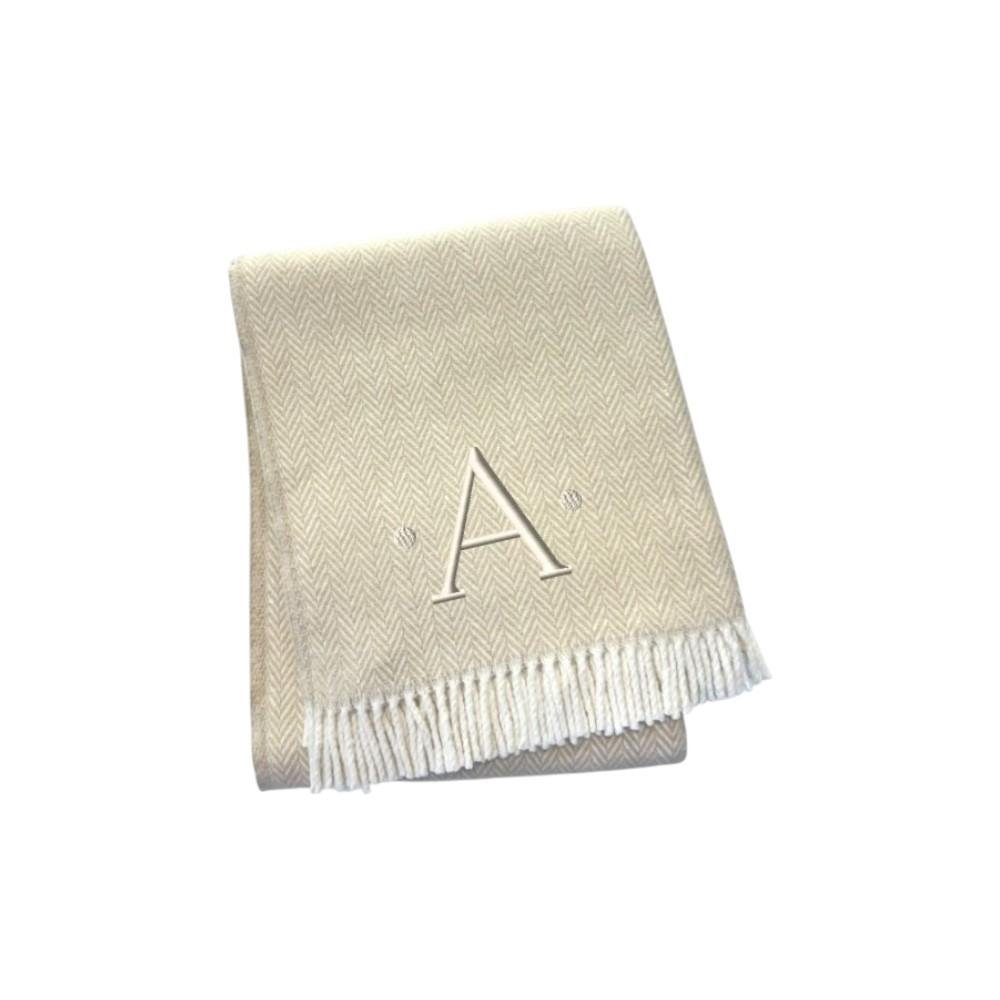 55" X 70" Linen And White Herringbone Cotton Blend S Initial Throw Blanket with Tassels And Embroidery