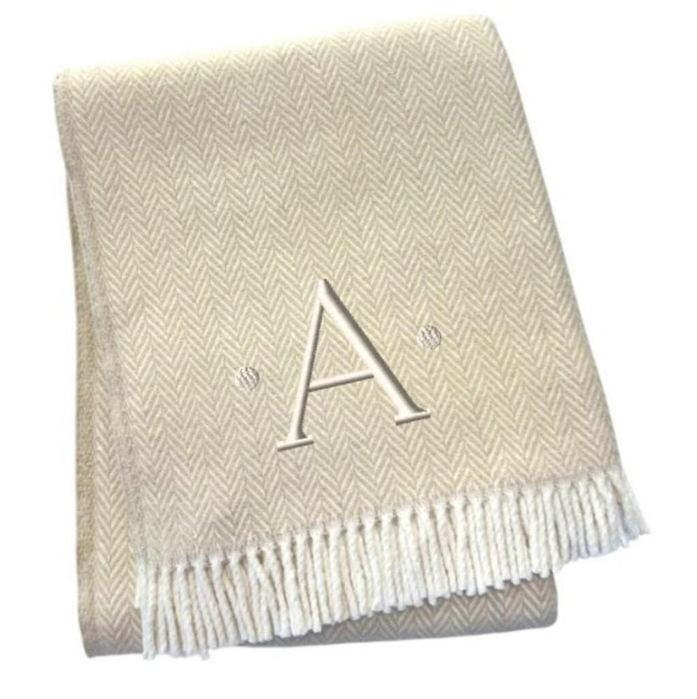 55" X 70" Linen And White Herringbone Cotton Blend S Initial Throw Blanket with Tassels And Embroidery