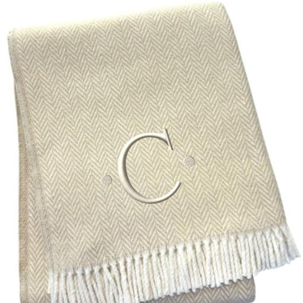 55" X 70" Linen And White Herringbone Cotton Blend S Initial Throw Blanket with Tassels And Embroidery