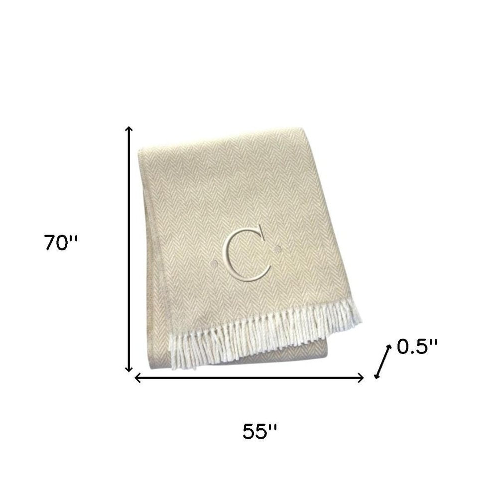 55" X 70" Linen And White Herringbone Cotton Blend S Initial Throw Blanket with Tassels And Embroidery