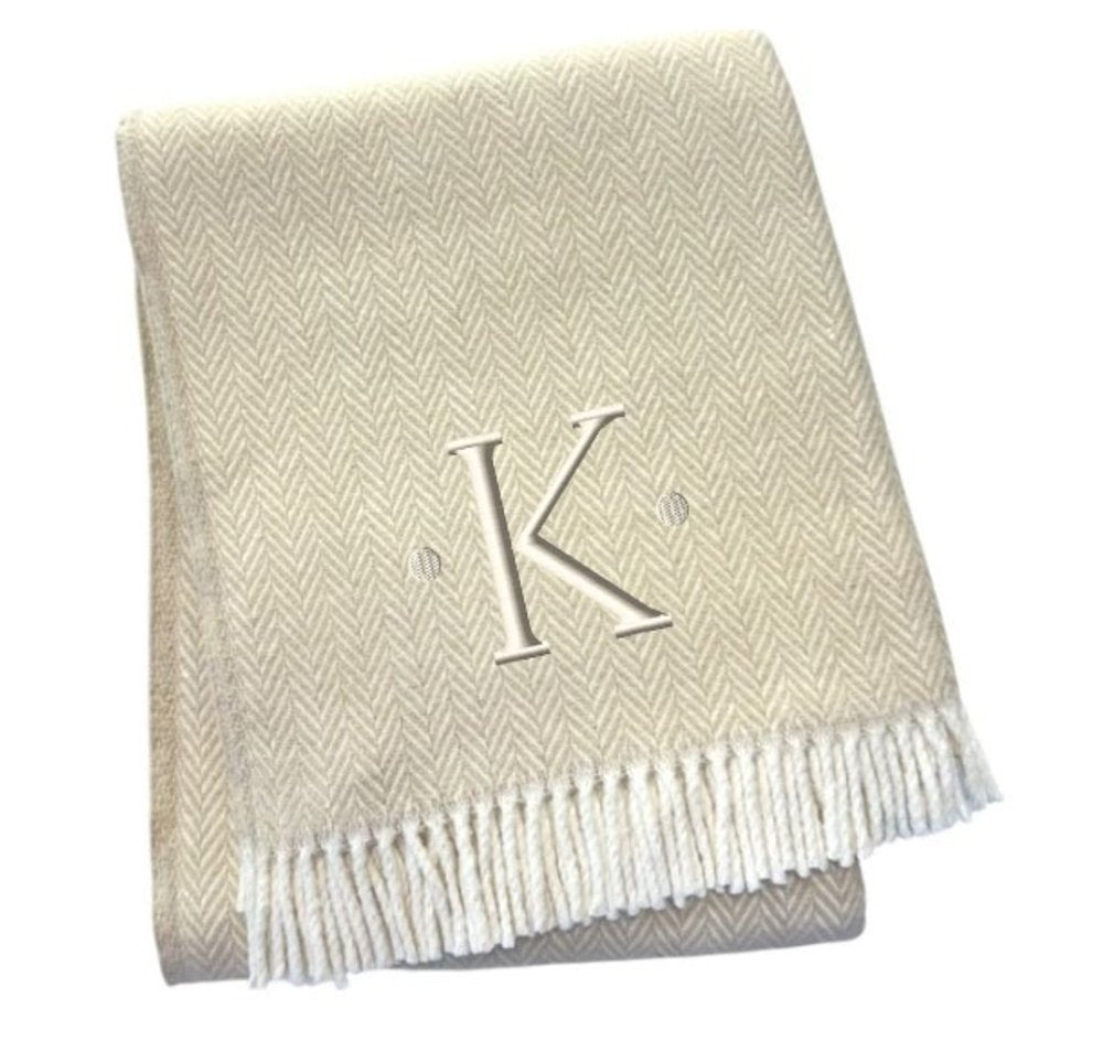 55" X 70" Linen And White Herringbone Cotton Blend S Initial Throw Blanket with Tassels And Embroidery