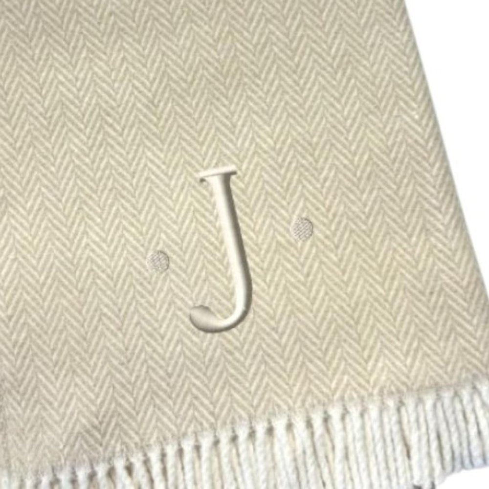 55" X 70" Linen And White Herringbone Cotton Blend S Initial Throw Blanket with Tassels And Embroidery