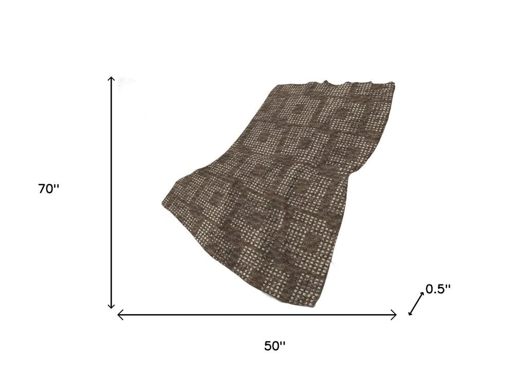 50" X 70" Brown And Ivory Geometric Polyester Woven Plush Throw Blanket
