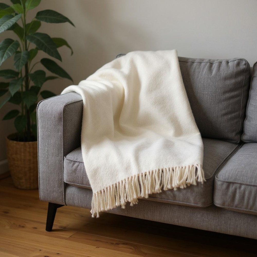 55" X 70" Cream Cotton Blend Plush Throw Blanket with Fringe
