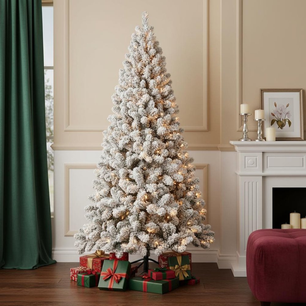 9' Pre Lit Full Flocked Spruce Christmas Tree