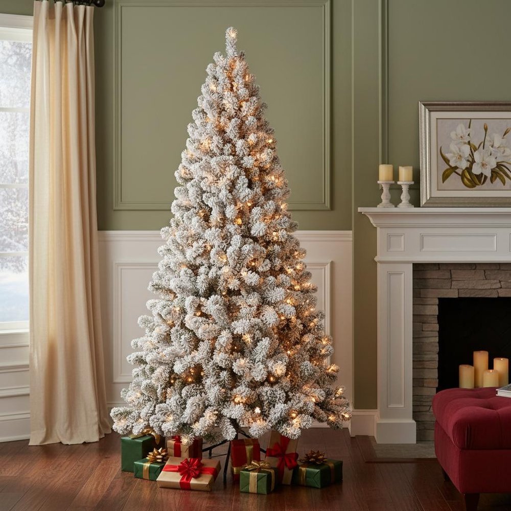 9' Pre Lit Full Flocked Spruce Christmas Tree