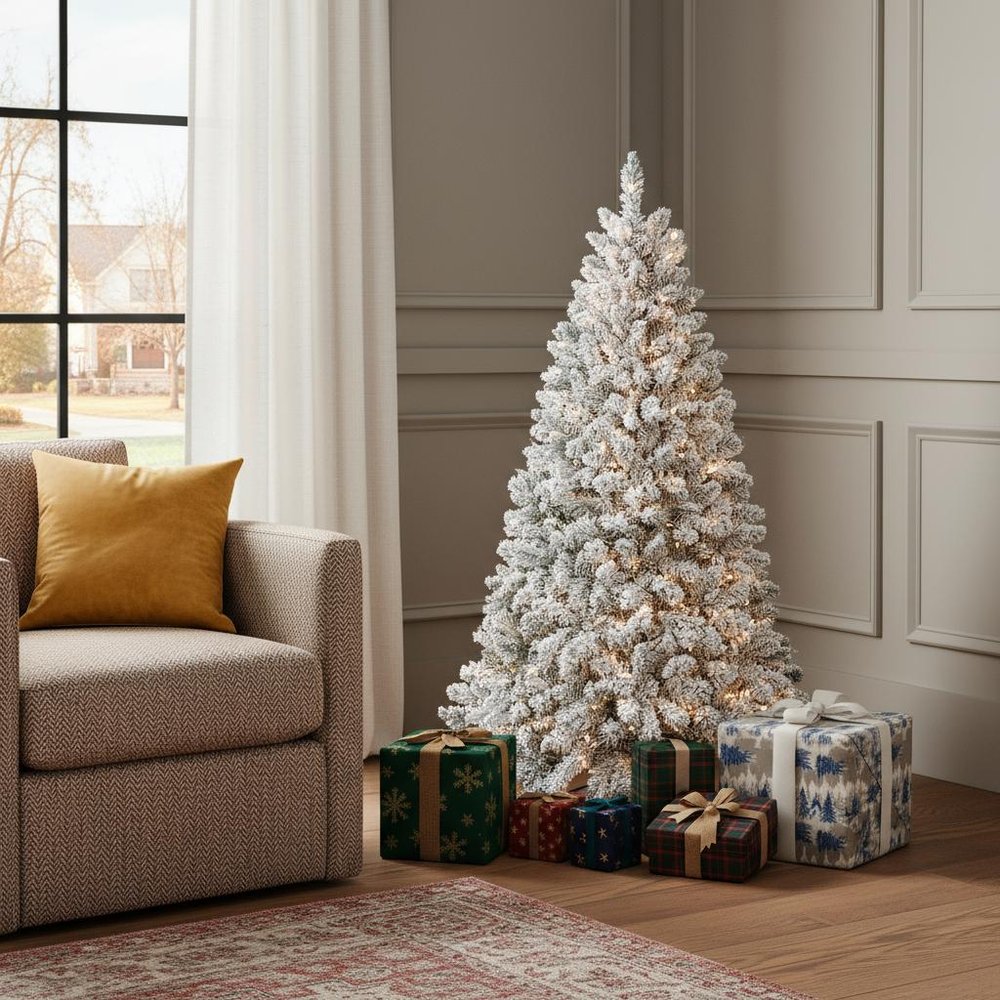4.5' Pre Lit Full Flocked Spruce Christmas Tree