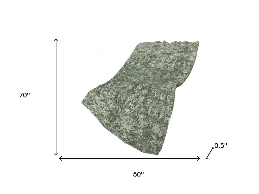 50" X 70" Green And Gray Damask Polyester Woven Plush Throw Blanket