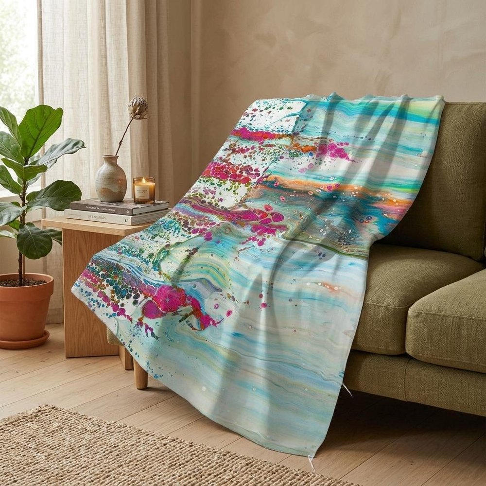 50" X 70" Ivory Pink And Teal Abstract Plush Throw Blanket