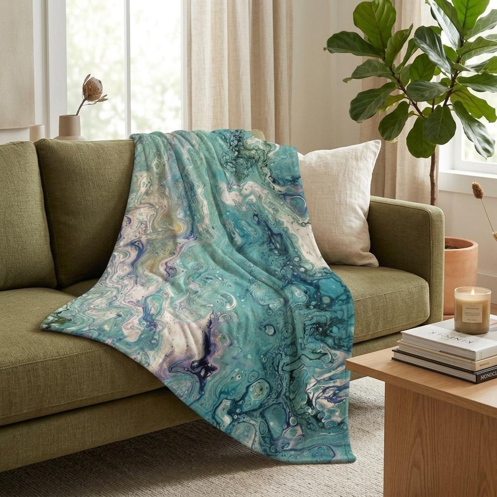 50" X 70" Teal And Ivory Abstract Plush Throw Blanket