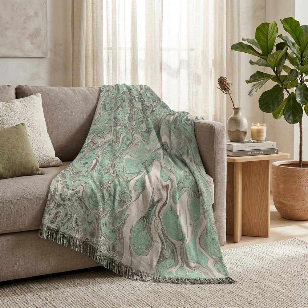 50" X 70" Mint Green And Ivory Abstract Plush Throw Blanket