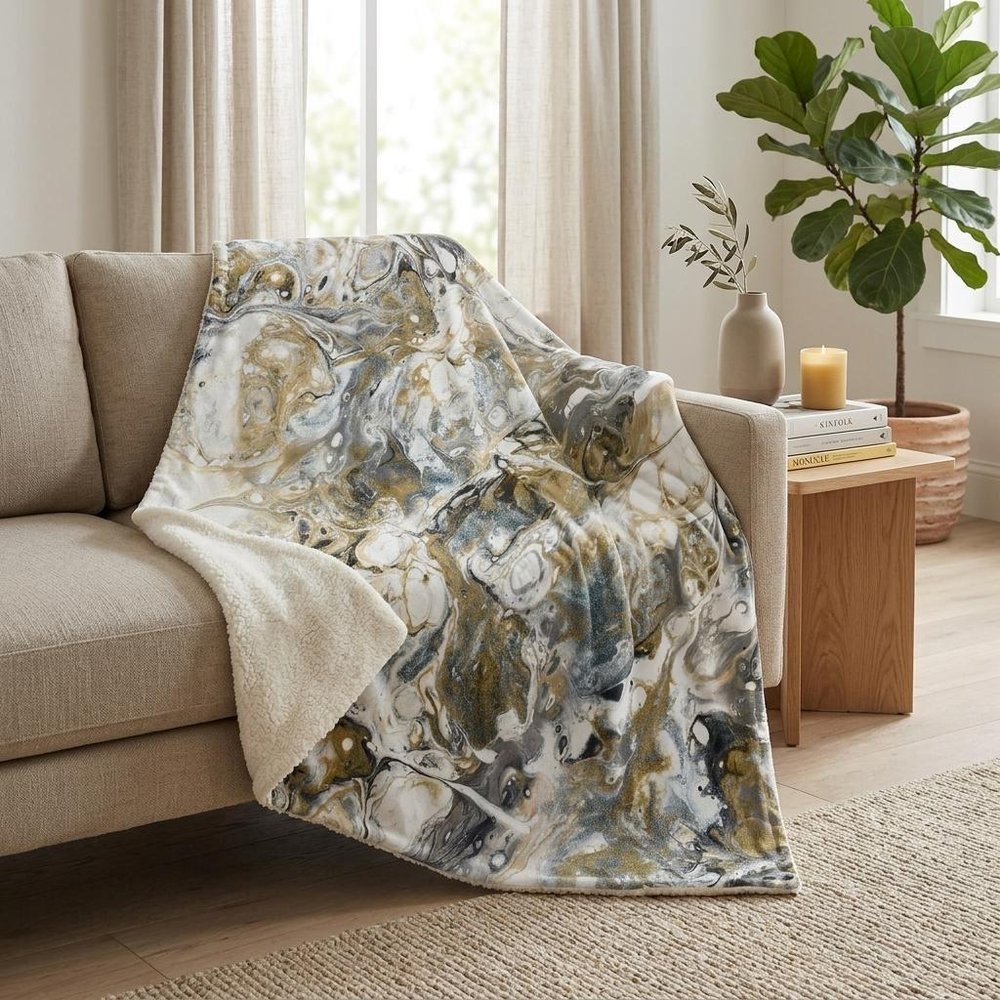 50" X 70" Gray And Ivory Abstract Plush Throw Blanket