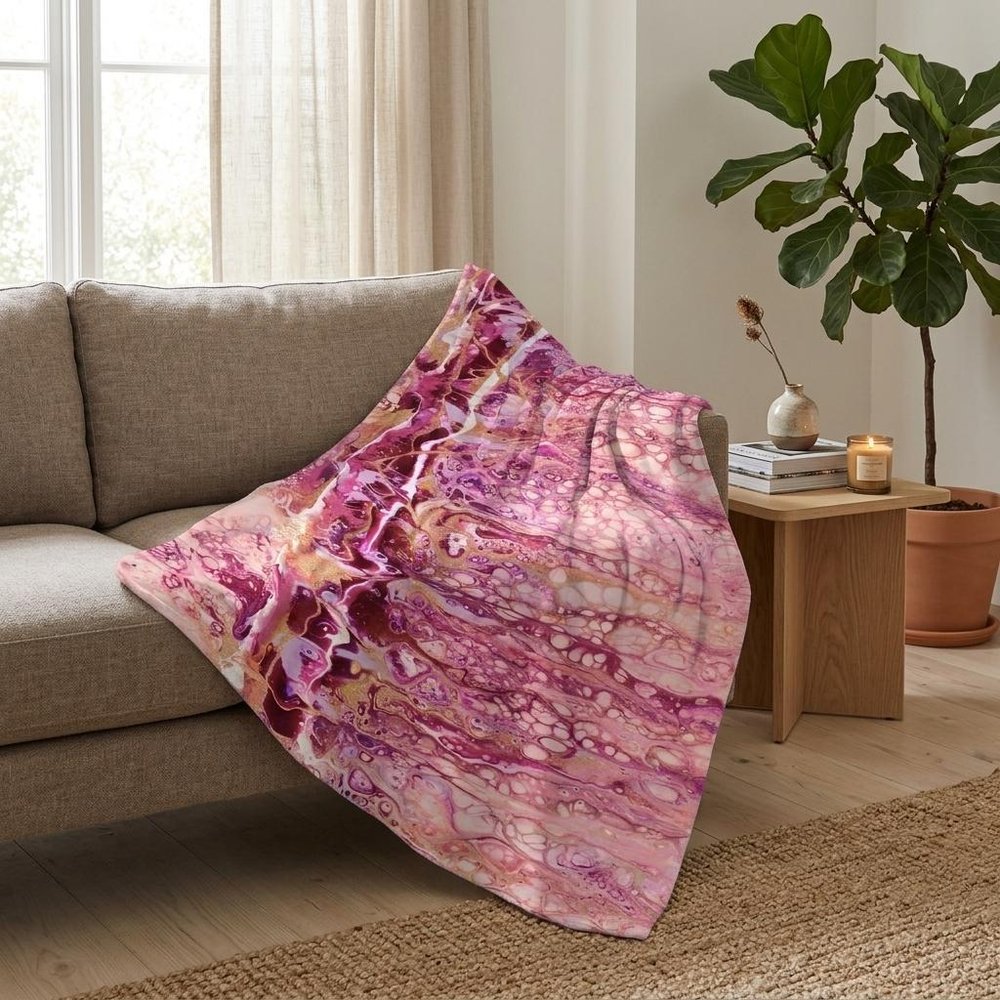 50" X 70" Pink And Ivory Abstract Plush Throw Blanket